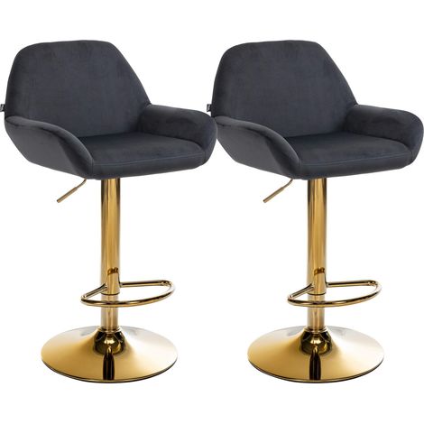 Set 2 sgabelli bar con poggiapiedi integrato, rivestimento in velluto nero, struttura in metallo oro TDB10738