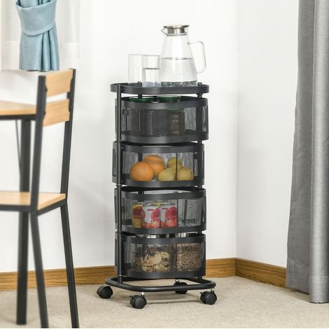 Carro auxiliar 33x33x77 cm negro con 4 niveles, ruedas giratorias y balda superior (1/5)