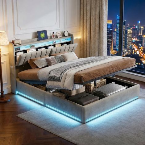 Lit Coffre 160x200 cm avec Sommier LED et USB,Lits Hydraulique 2 places avec Rangement et Tete de Lits Rembourré, Cadre de Lits Double pour Adultes et Adolescents,Sommier à Lattes,Gris Velours (1/5)