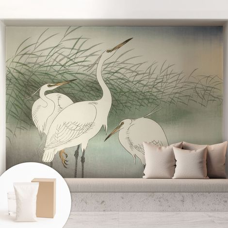 Papier peint intissé mural classique avec imprimé motifs décoratifs design élégant non‑tissé Hérons dans l'herbe 208x146 cm (1/5)