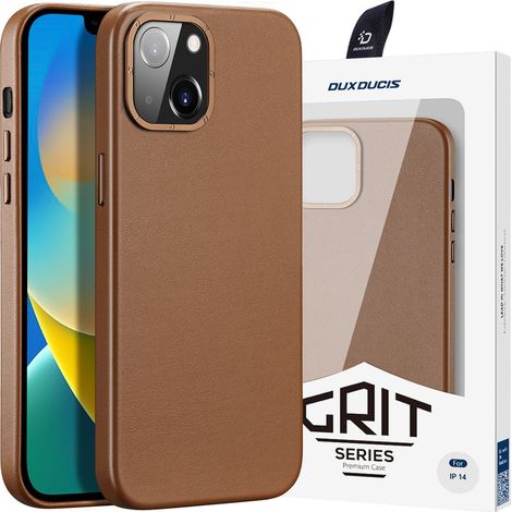 Custodia Dux Ducis Grit Leather per iPhone 14 Plus, elegante cover in similpelle (compatibile con MagSafe) marrone (1/5)