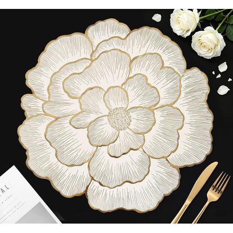 Juego de 6 manteles individuales redondos dorados con diseño de peonías, lavables (38 cm), resistentes al calor, fáciles de limpiar, decoración de mesa, manteles individuales lavables, para el hogar y (1/5)