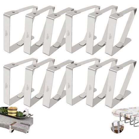 Lot de 12 pinces à nappe extra larges et épaisses en acier inoxydable - Support de nappe - Pince coupe-vent pour tables de pique-nique - Argent - Grande pince à nappe robuste en acier inoxydable - Pin (1/5)