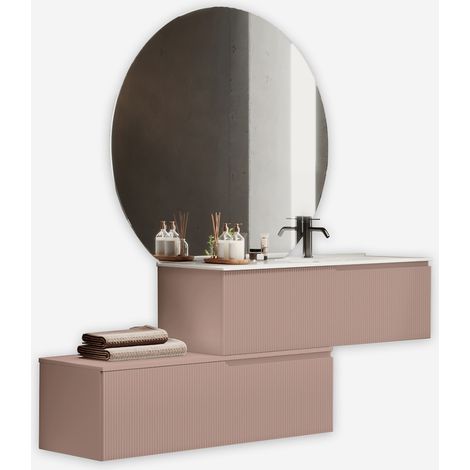 Mobile bagno sospeso con specchio led tondo e lavabo Venere DX - Azzurro