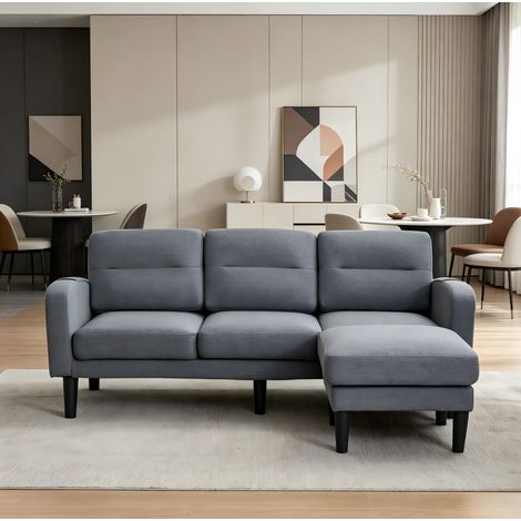 Canapé d’angle L 3 places avec méridienne, tissu gris, 204 x 136 x 80 cm, REDOM (1/5)