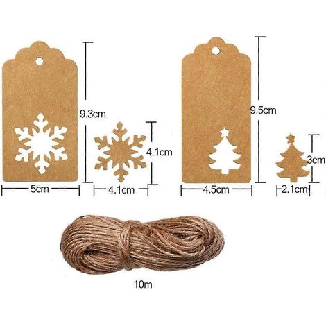 100 étiquettes cadeaux en papier kraft, motif sapin de Noël et flocon de neige, avec 10 mètres de ficelle pour Noël, mariage, anniversaire. Papier kraft coloré. (1/5)