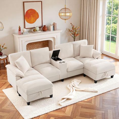 Seyakany Canapé ergonomique modulable en U,canapé d'angle 4 places avec 2 porte-gobelets et 2 ports USB,avec 2 rangements,velours côtelé(Beige) (1/5)