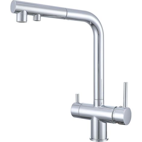 Robinet Cuisine 3 Voies Avec Douchette Extractible, Mitigeur 3 Voies Cuisine Pivotant à 360°, Robinetterie Cuisine Eau Potable, Robinet Évier De Cuisine Avec Sortie Eau Filtrée (Chrome) (1/5)