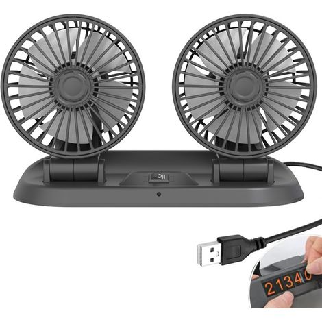 Tragbarer Autoventilator mit zwei Köpfen, leiser Elektroventilator mit 360°-Drehung, 2 Windgeschwindigkeiten und Telefonnummernanzeige für Auto, LKW, SUV, Wohnmobil, Boot