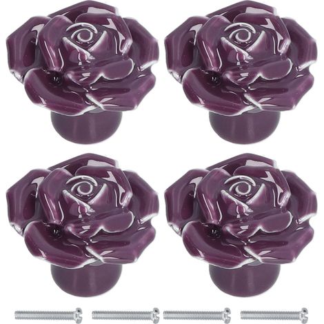 4 Poignées de Tiroir en Céramique Moderne en Forme de Rose pour Cuisine Salle de Bain - Violet