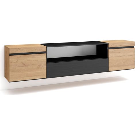 Skraut Home – Meuble TV suspendu mural – Grand espace de rangement 200x35x45cm – Pour TV jusqu'à 80" – Style moderne chêne noir (1/5)