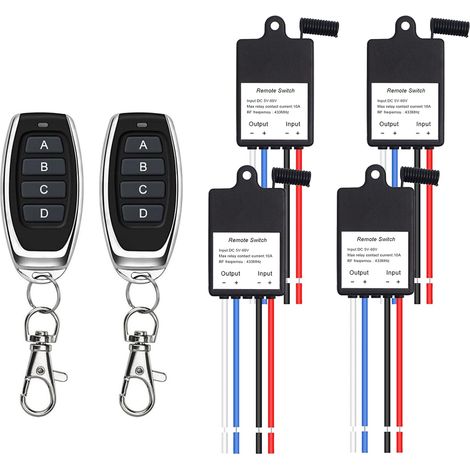 Interrupteur sans fil 433 MHz 1CH 5 V 6 V 12 V 24 V avec télécommande, 5-60 V CC 10 A Mini relais sans fil 328 FT pour ventilateur, moteur, éclairage (4 relais) (1/5)