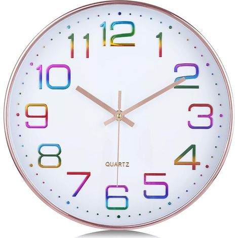Horloge Murale Chiffres 3D Multicolore, Silencieuse Moderne 30cm Pendule Murale Or Rose, Facile à Lire sans Tic-tac Déco pour Cuisine Salon (1/5)