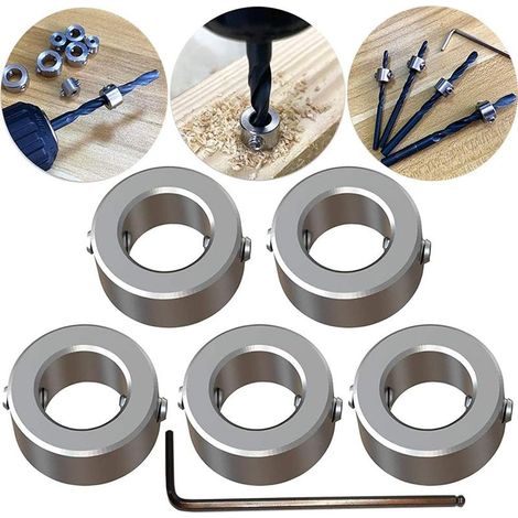 (ID:10mm, 5pcs) Butée de Profondeur de Foret, Butée de Profondeur Colliers Anneau Positionneur Durable Foret À Bois, avec clé Hexagonale (1/5)