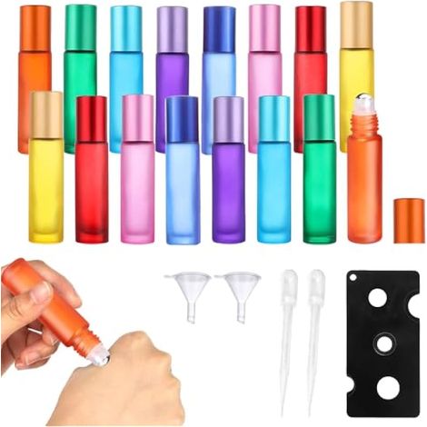 Lot de 16 flacons rouleaux en verre pour huiles essentielles, 10 ml vides avec bille en acier inoxydable, entonnoir et compte-gouttes, 8 couleurs, set de petits flacons rouleaux pour parfums
