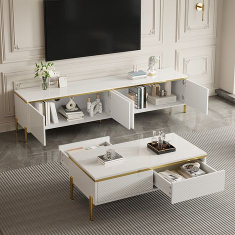 Set Mobile TV e Tavolino da Caffè con 2 Ante, 2 Cassetti e Vani Nascosti, per Soggiorno, Pannello di Particelle, Bianco (1/5)