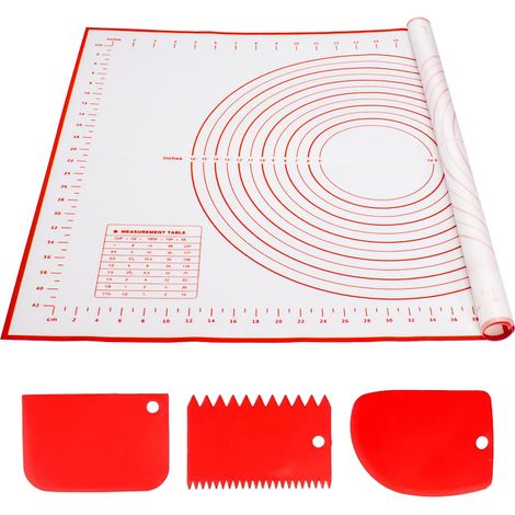 Alyvisun Spianatoia per Impastare Silicone, 70 x 50 cm Tappetini Stendipasta Antiscivolo Tappetino Silicone Riutilizzabile Cucina Accessori Per Biscotti, Impasti, Pizza (Rosso + 3 Raschietti) (1/4)