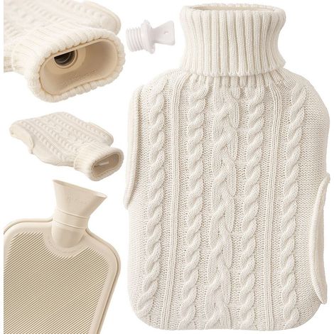Bolsa grande de agua caliente en una funda de suéter, calentador de agua de goma, suéter beige (1/5)