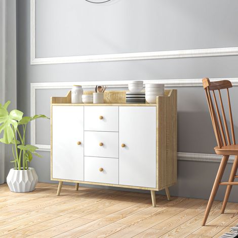 Aparador de madera para salón con 3 cajones y 2 armarios de dos niveles, mueble moderno y multifuncional para cocina, comedor y salón, 90x32x80 cm, color blanco y madera. (1/5)