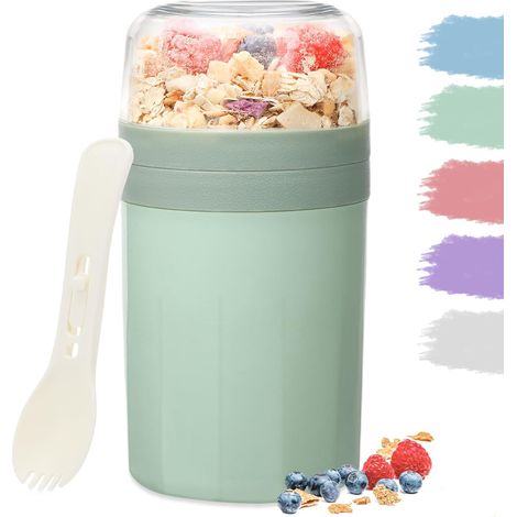 Gobelet à céréales portable 520 ml + 250 ml, pot à yaourt pratique avec cuillère, gobelet à céréales anti-fuite avec récipient pour sauce, boîte à céréales/à pain/à déjeuner, convient aux enfants et a (1/5)