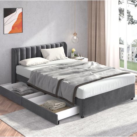 Polsterbett 140/200 cm grau aus Samt mit Lattenrost und 2 Schubladen (1/5)