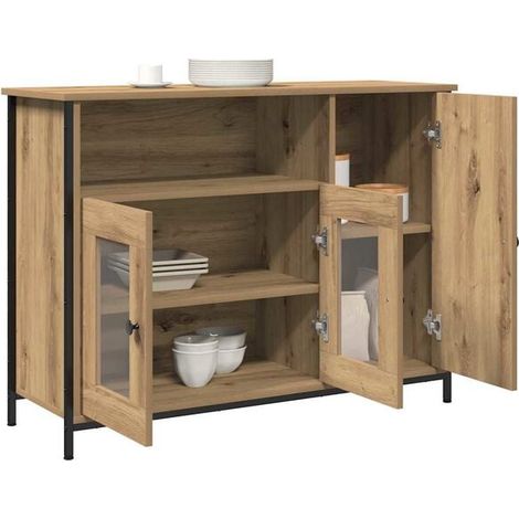 Buffet Bas en Chêne Massif 100x35x75 cm, Meuble de Rangement Moderne avec Portes et Étagères Ajustables, Enfilade Design Scandinave pour Salle à Manger ou Salon (1/5)