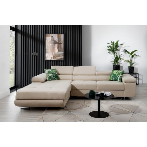 - Canapé d'angle convertible ARMEL en tissu luxe 5 places, beige, avec coffre, angle gauche (vu de face) (1/4)