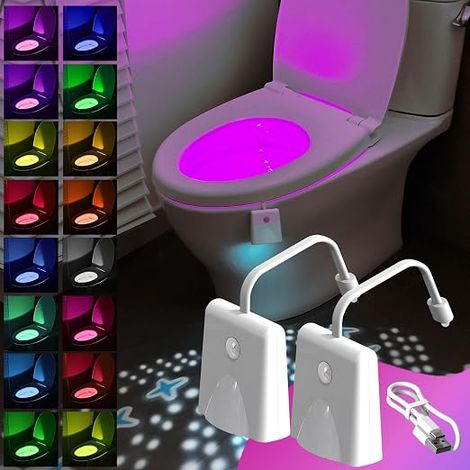Set of 2 LED Toilet Bowls, USB Rechargeable Night Light Motion Detector, 16 Colours LED Toilet Light, Waterproof Toilet Bowl, Easy Installation, Suitable for All Toilets (1/5)