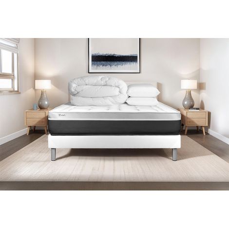 Komplettpaket Bett - Matratze 140x200 cm + Boxspringbett mit Lattenrost (im Set) + 2 Kopfkissen + Bettdecke - Vital Soft