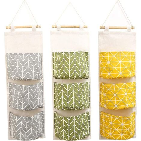 Ensemble de 3 sacs de rangement muraux CREATIEES, organisateur de placard imperméable à suspendre à la porte, couleur lin, avec 3 poches larges de la taille d'une télécommande. (1/5)