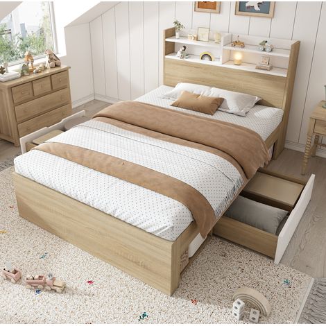 REDOM - Lit simple 90x200 cm avec tête de lit à rangement et 2 tiroirs, bois, blanc et chêne (Avec matelas) (1/5)