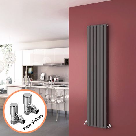 ELEGANT 1800 x 360 mm Anthracite Vertical Oval Column Radiator Single Panel Designer Radiators + Angled Radiator Valves (1/5)