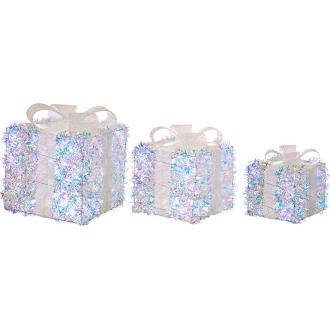 Conjunto de 3 decoraciones regalos de Navidad con lazos luces LED blancas cálidas acabado brillante para interior multicolor Hallangen