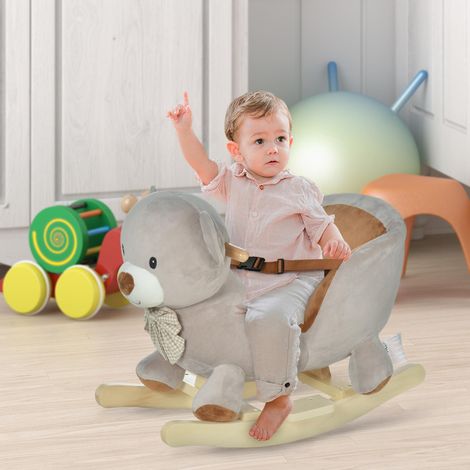Gris 60x33x50 cm - Cheval à bascule pour enfants en forme d’ours en peluche pour bébés de 18 à 36 mois doté de son et ceinture