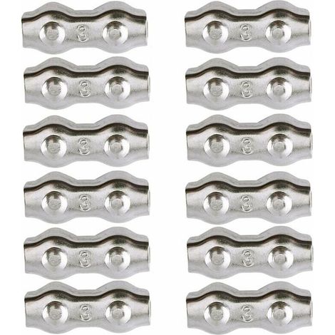 Morsetti per cavi, morsetti per cavi in acciaio da 3 mm, 12 pezzi, morsetti per cavi duplex, clip per cavi in acciaio inox 304, maniglie per cavi metallici da 2 mm, clip per cavi da stendino