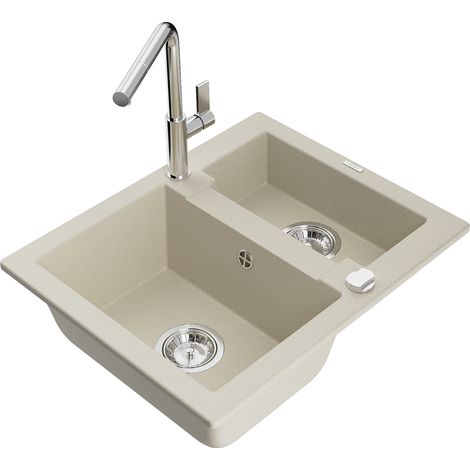 Mexen Carlos 1,5-Becken-Granitspüle mit Mischbatterie Flora, Beige - 6518-69-670401-00 (1/5)