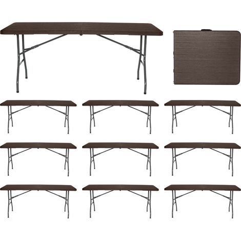 MegaPack 10 Tragbare Klapptische aus Kunstharz, 180 cm, braune Holzoptik, 7house