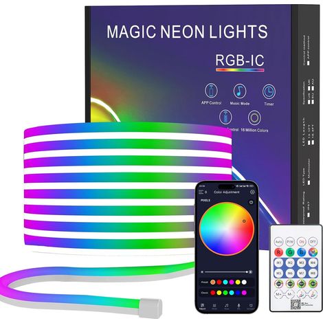 Neon Led Strip 5M, IP67 waterproof LED Room Controlled by Remote Control APP RGBIC LED Strip, Bluetooth Flexible Neon Silicone Indoor and Outdoor Decoration (1/5)