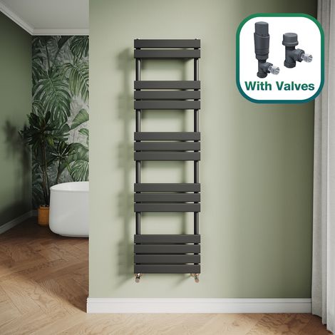 ELEGANT Modern Central Heating Towel Radiator Bathroom Flat Panel Heated Towel Rail 1600x450mm Black + Anthracite Thermostatic Radiator Valves (1/5)