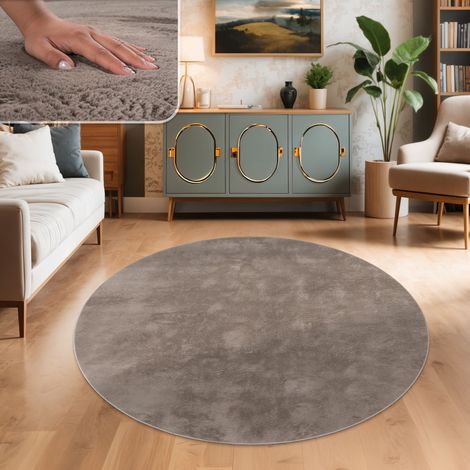 Paco Home Tappeto per Soggiorno in Finta Pelliccia Peluche Alto Pelo Morbido Taupe, 80 cm tondo
