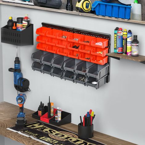 Pannello Portautensile con 30 Contenitori Regolabili e Rimovibile, Montaggio a Muro, PP, Rosso Grigio Nero, 37.5x18x63cm