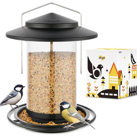Mangeoires à oiseaux en métal à suspendre à l'extérieur, mangeoires pour oiseaux sauvages pour cardinal, grand toit et plateau de 18 cm, noir, 6 ports (1/5)