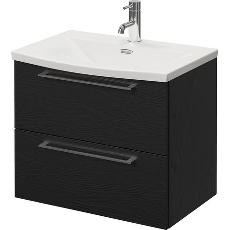 Napoli 390 Nero Oak 600mm Wall Mounted 2 Drawer Vanity Unit with Arc Basin - 600mm - Chrome 320mm Handle
