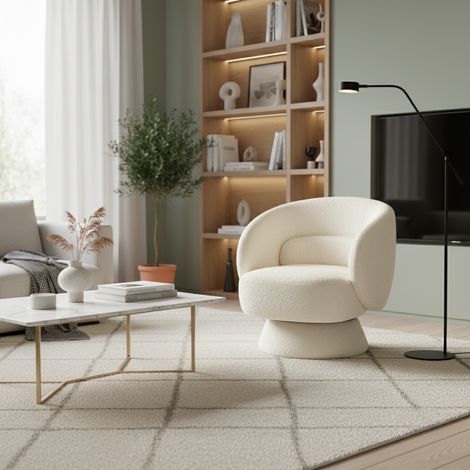 Fauteuil pivotant. rotatif 360° en tissu avec coussin crème - L 76 x P 76 x H 76.5cm - Elias