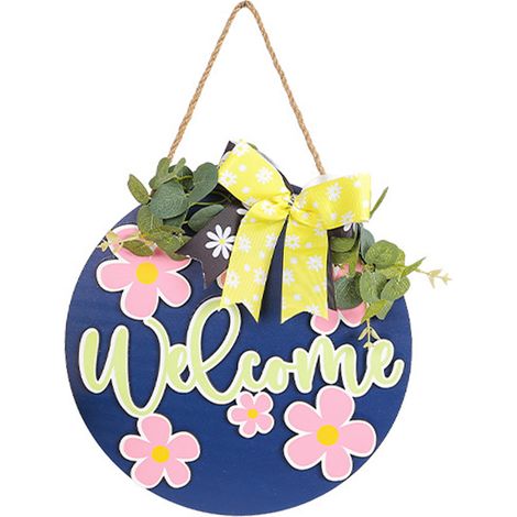Dekoratives rosafarbenes Holzschild mit Blumenmuster „Willkommen im Frühling“ – Buchstabenkranz zum Aufhängen an der Tür – Landhausstil – Ranch-Dekor (1/2)