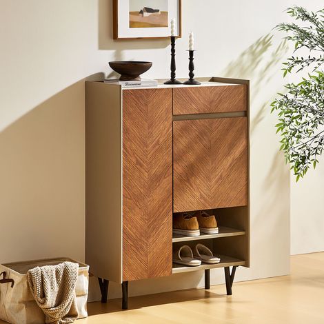 Shoe Cabinet with Drawer & 2 Doors, 9 Tier Wooden Shoe Storage Cupboard, Modern Shoe Rack for Hallway Entryway Living Room Brown (1/5)