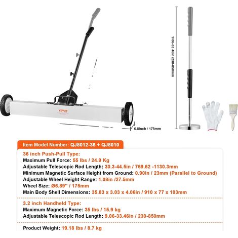 Balayeuse Magnétique, Tige Télescopique Réglable, Capacité de 25 kg, 36 3.2 pouce (1/2)
