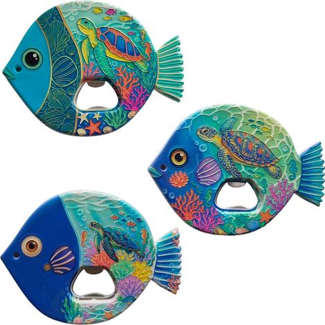 Set de 3 abrebotellas imán de melamina pez y tortuga azul (1/4)