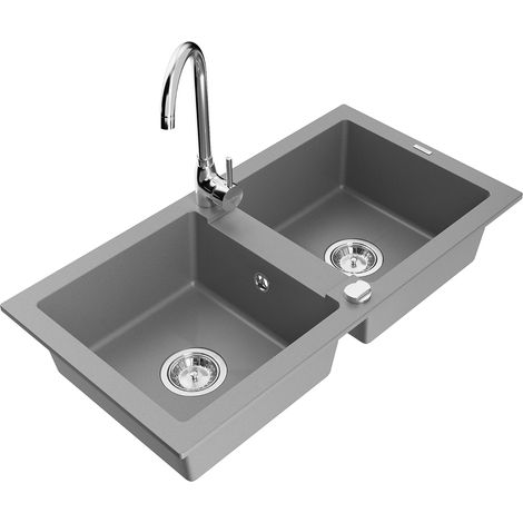 Mexen Mario fregadero de granito de 2 senos con grifo de cocina Telma, gris - 6504-71-670200-00