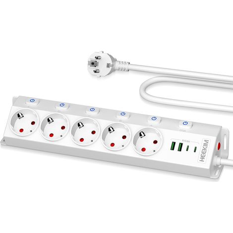 Multiprise 5 Prises avec 2 USB-A et 2 USB-C, Multiprise avec Interrupteur 4000W 16A, Rallonge Électrique 2M pour Cuisine et Bureau, Noir (Blanc, 2M) (1/5)